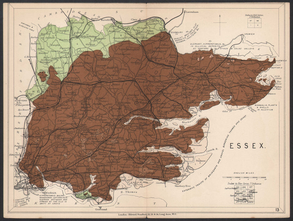 ESSEX Geological map. STANFORD 1907 old antique vintage plan chart