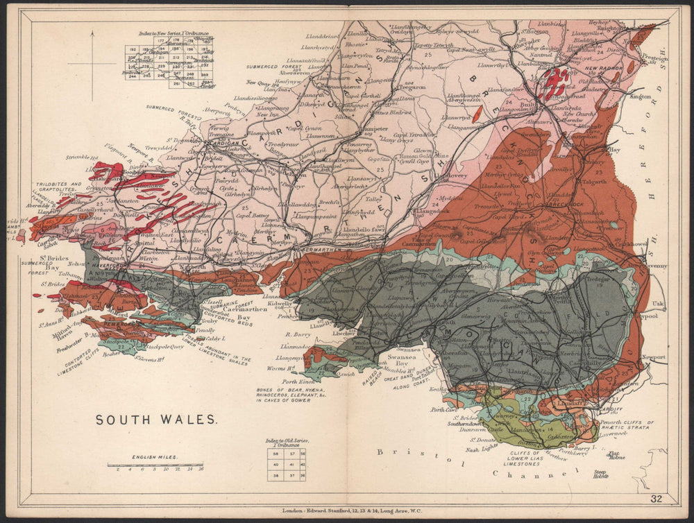 SOUTH WALES Geological map. STANFORD 1907 old antique vintage plan chart