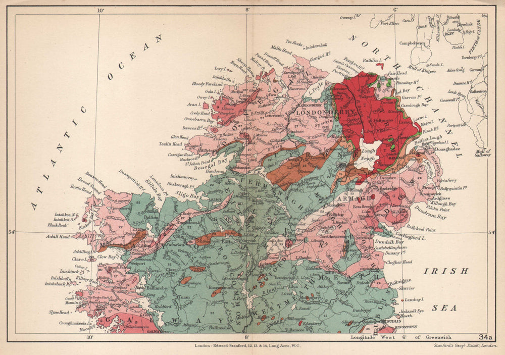 NORTHERN IRELAND Geological map. STANFORD 1907 old antique plan chart