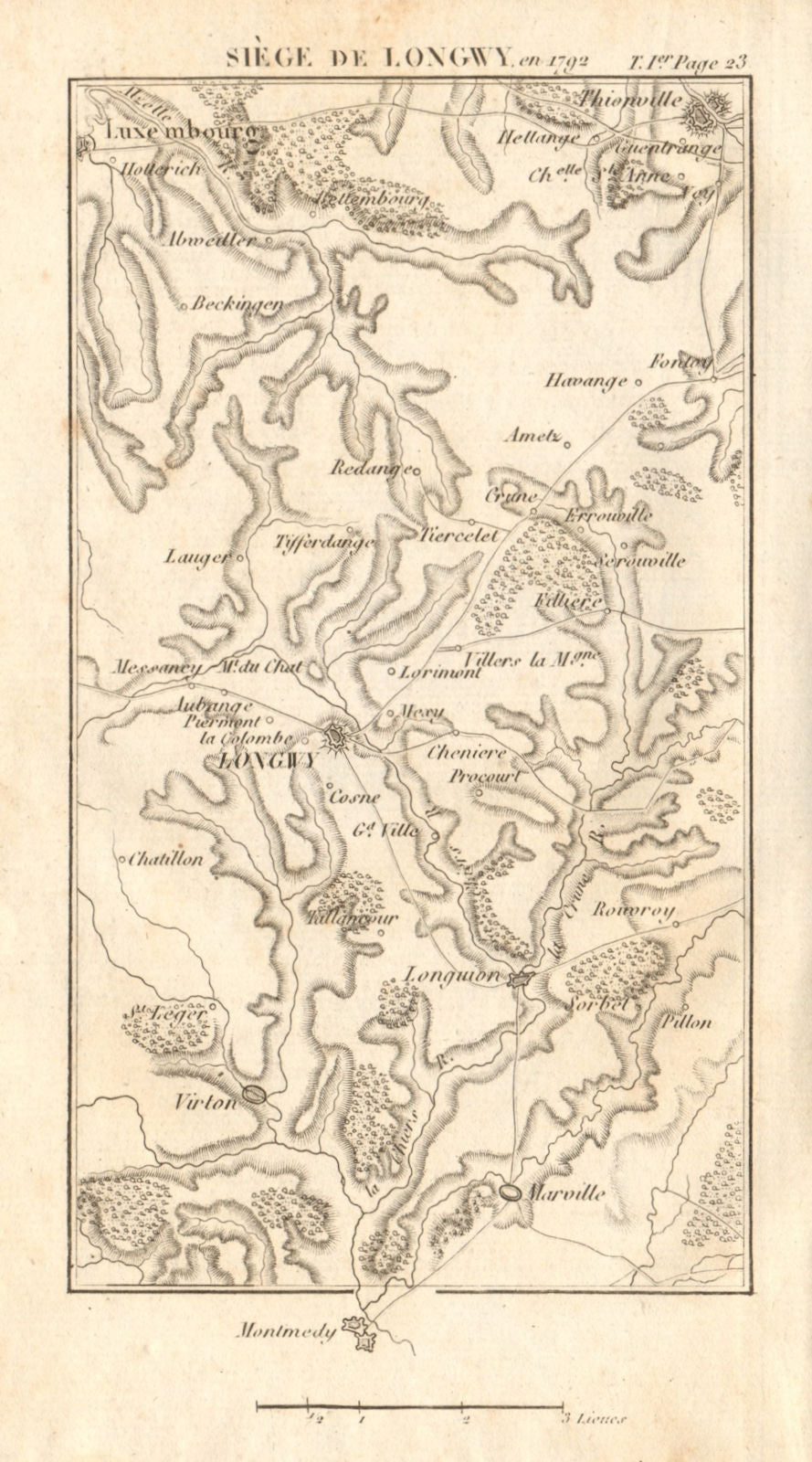 Battle of Longwy 1792. War of the First Coalition. Meurthe-et-Moselle 1817 map
