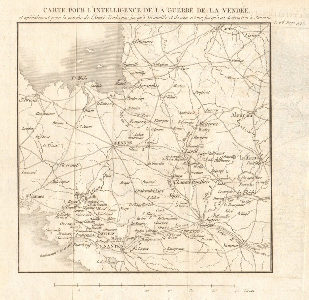 Guerre de Vendée 1793. War of First Coalition. Loire 1817 old antique map