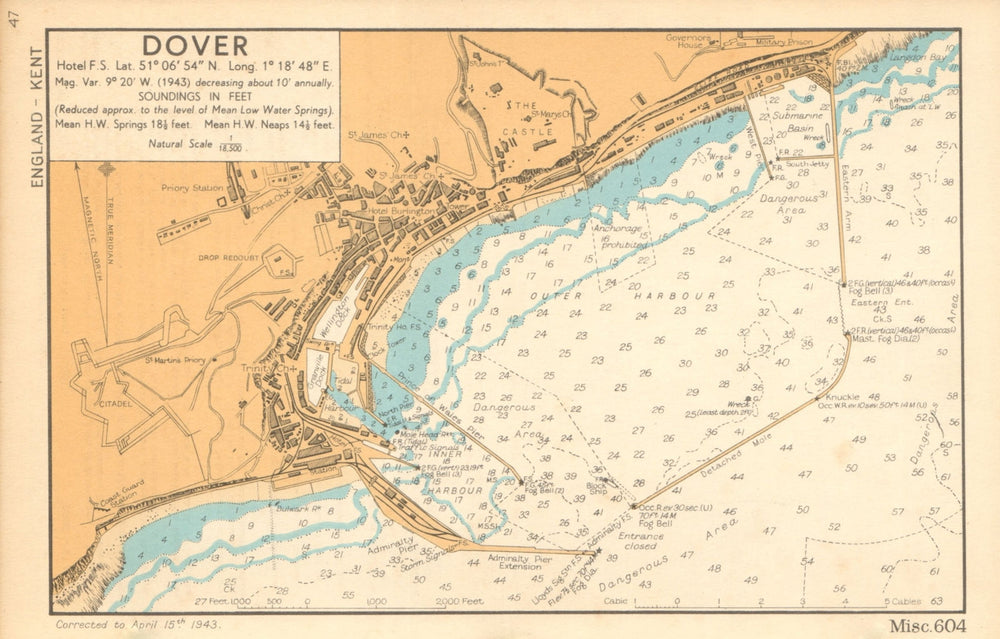 Dover town & harbour plan & sea coast chart. Kent. ADMIRALTY 1943 old map