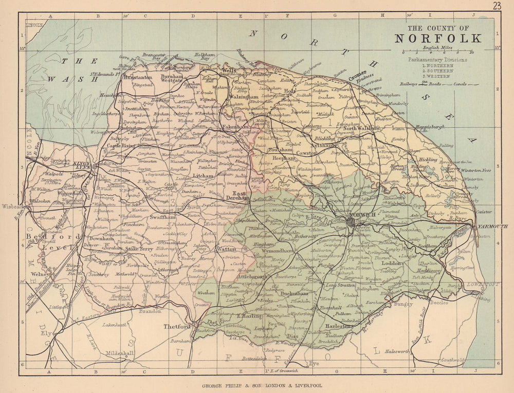 NORFOLK. Antique county map. Railways roads canals. Constituencies. PHILIP 1885