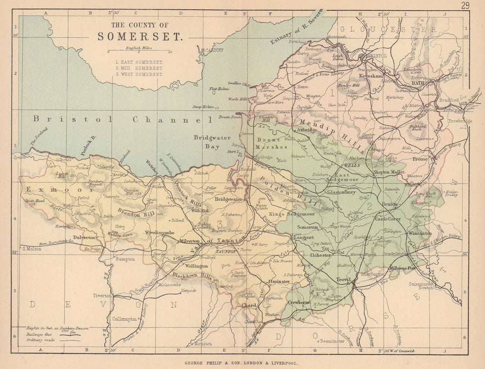 SOMERSET. Antique county map. Railways. Constituencies. PHILIP 1885 old