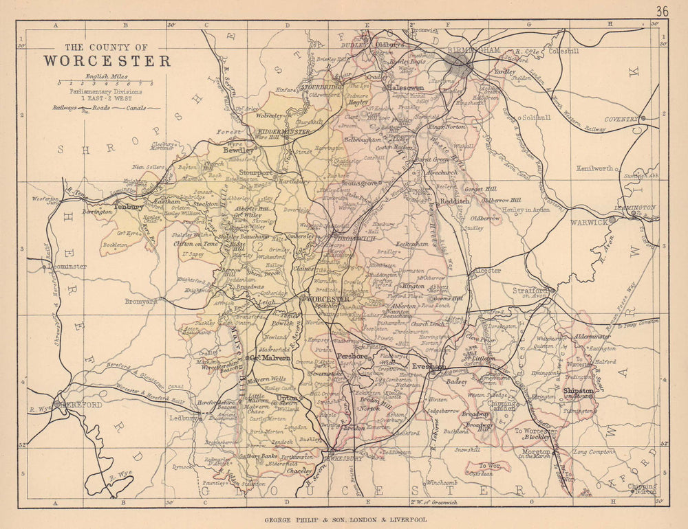 WORCESTERSHIRE. County map. Railways roads canals. Constituencies. PHILIP 1885