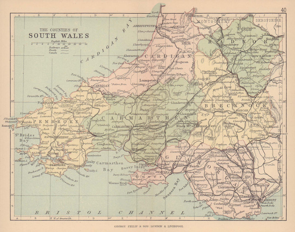SOUTH WALES. Antique map. Counties Railways roads canals. PHILIP 1885 old