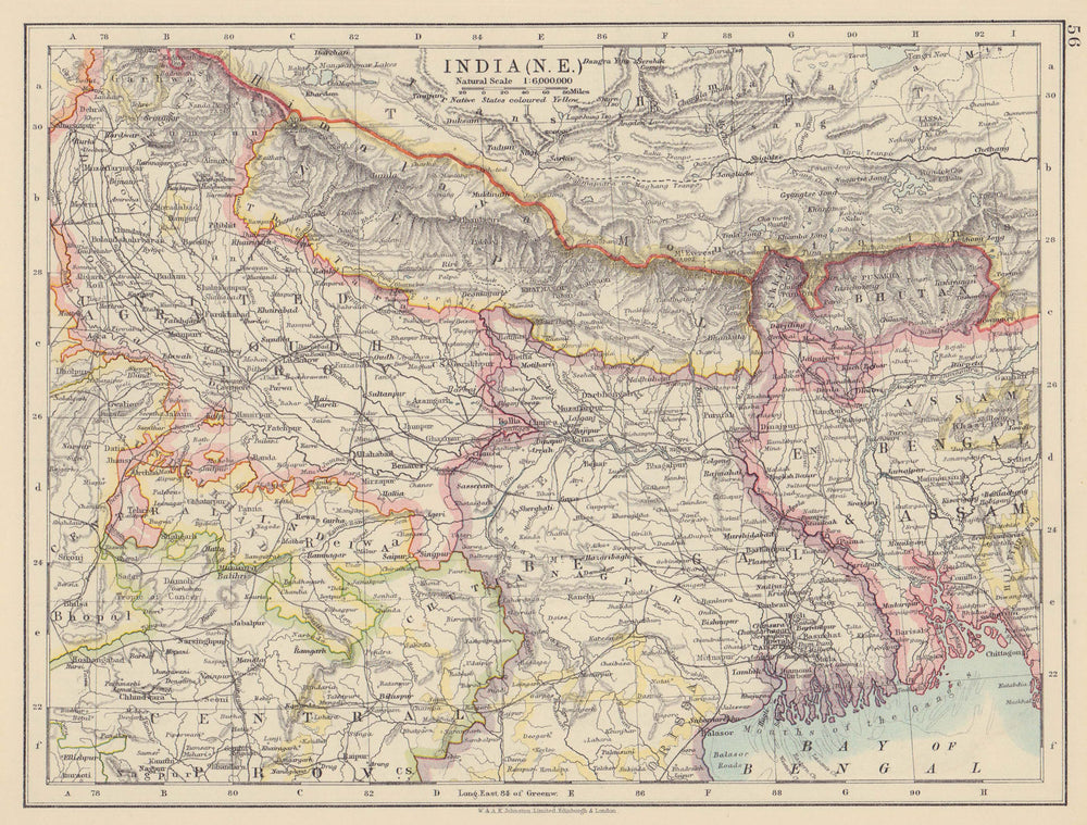 BRITISH INDIA NE. Bengal Nepal Bhutan Calcutta Bangladesh. JOHNSTON 1910 map