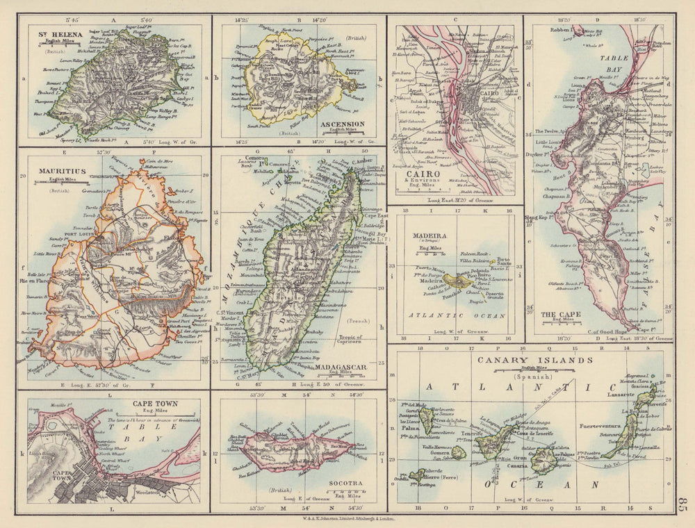 AFRICAN ISLANDS Mauritius Madagascar Madeira Canaries St Helena Socotra 1910 map