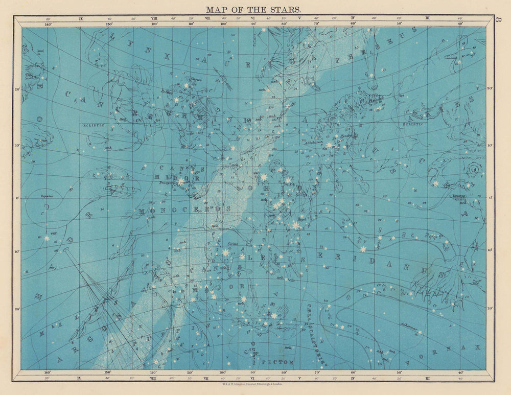 ASTRONOMY. Star map Cancer Eridanua Orion Auriga Lynx Canis Major. JOHNSTON 1901