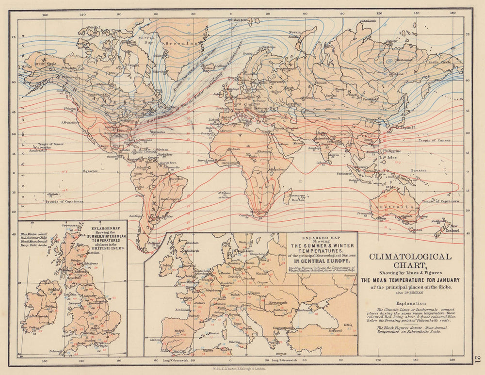 WORLD CLIMATE. January temperature. Summer/winter Europe. JOHNSTON 1901 map