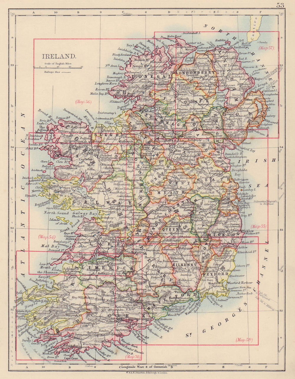 IRELAND. Showing counties. Undersea Telegraph cables. JOHNSTON 1901 old map