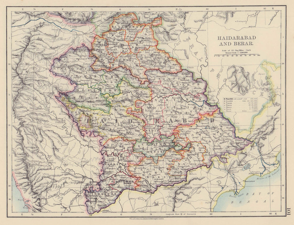 BRITISH INDIA EAST. Hyderabad & Berar. Railways. JOHNSTON 1901 old antique map