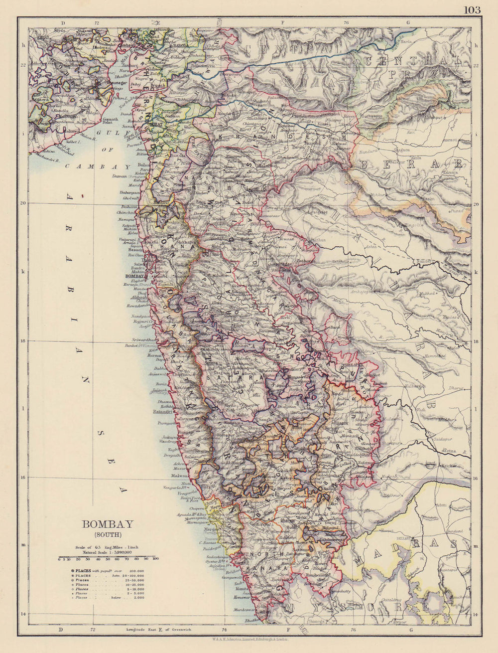 BOMBAY(MUMBAI)(SOUTH). British India. Maharashtra. railways. JOHNSTON 1901 map