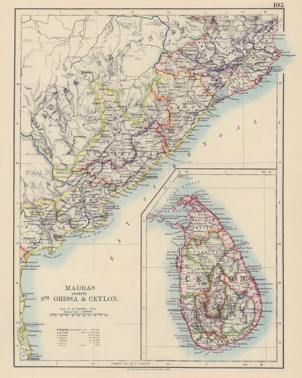 BRITISH INDIA E. Madras (Chennai) Orissa Ceylon (Sri Lanka) . Railways 1901 map