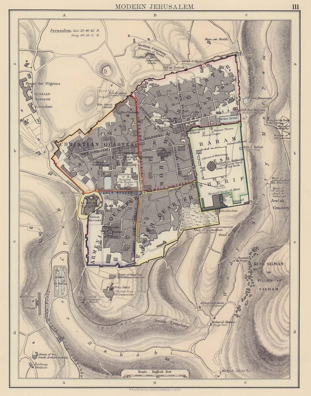 JERUSALEM city plan showing Christian Armenian Jewish & Muslim quarters 1901 map