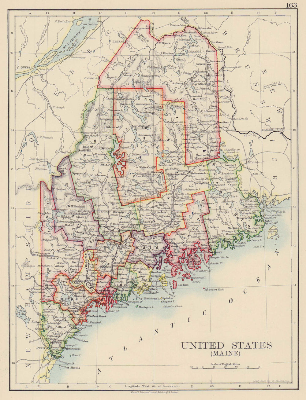 MAINE. State map showing counties & railroads. JOHNSTON 1901 old antique