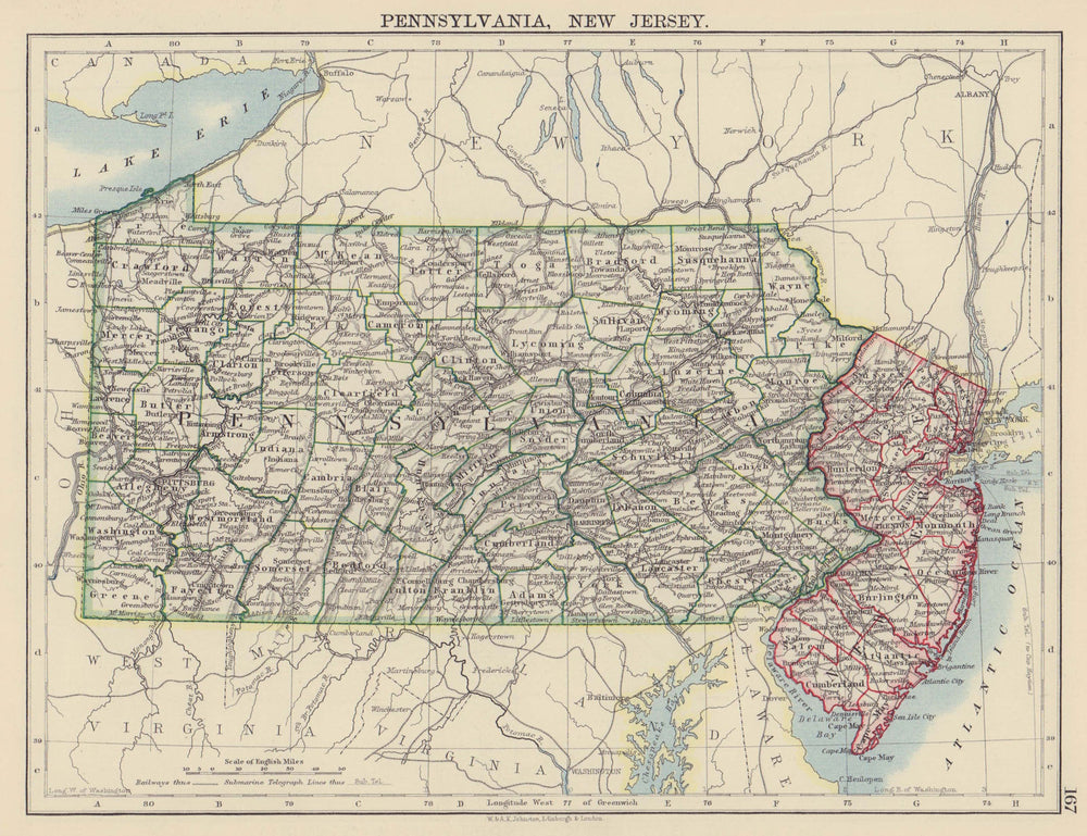 US MID ATLANTIC STATES. Pennsylvania & New Jersey. Counties railroads 1901 map
