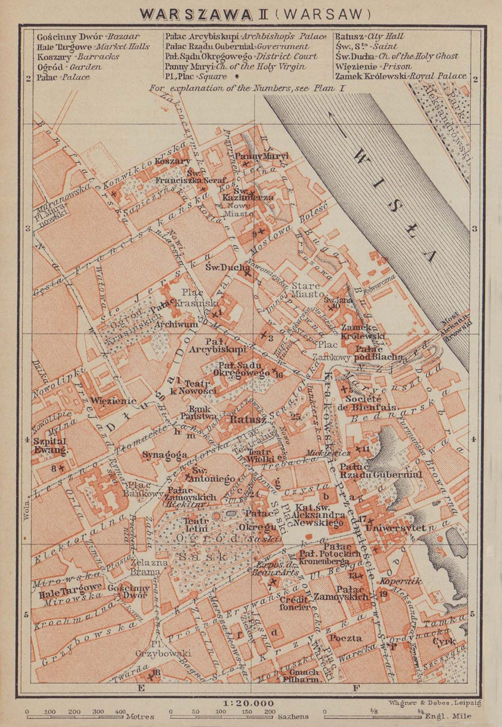 Warsaw II town/city centre plan miasta mapa. Poland. Warszawa. BAEDEKER 1914