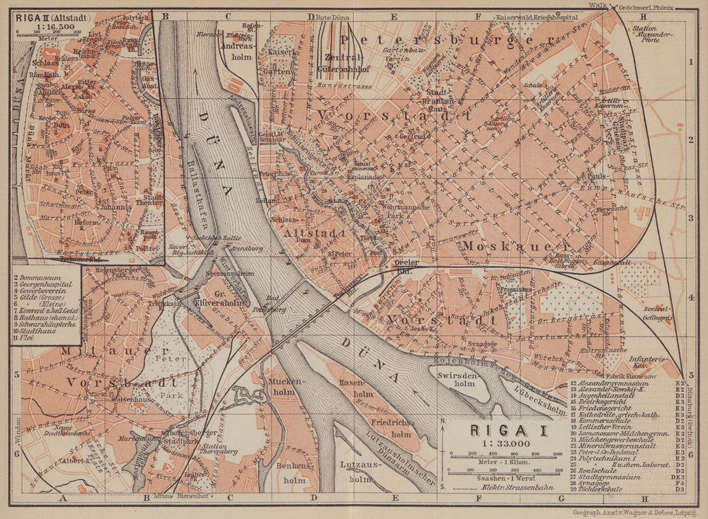 Riga town/city plan pilsetas karte. Latvia. BAEDEKER 1914 old antique map