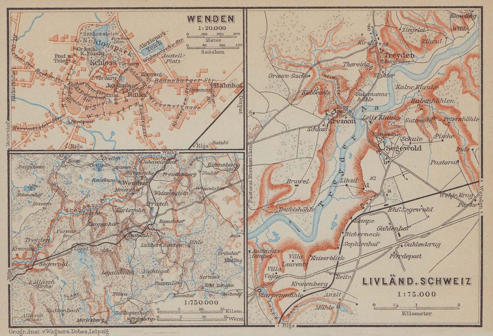 Gauja National Park, Latvia. Cesis/Wenden. Sigulda. BAEDEKER 1914 old map