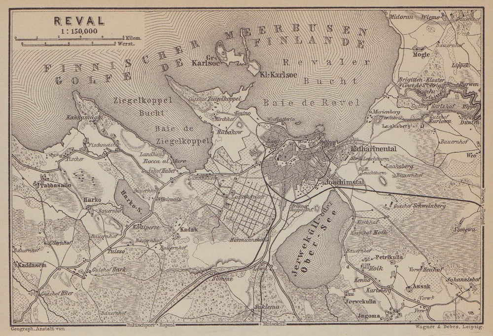 Tallinn environs kaart. Estonia. Reval. BAEDEKER 1914 old antique map chart
