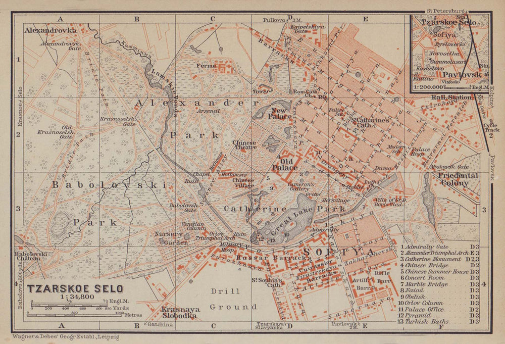 Pushkin, St. Petersburg (Tsarskoye Selo). Russia. BAEDEKER 1914 old map
