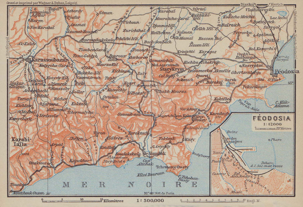 Feodosia town/city plan & environs. Ukraine. BAEDEKER 1914 old antique map