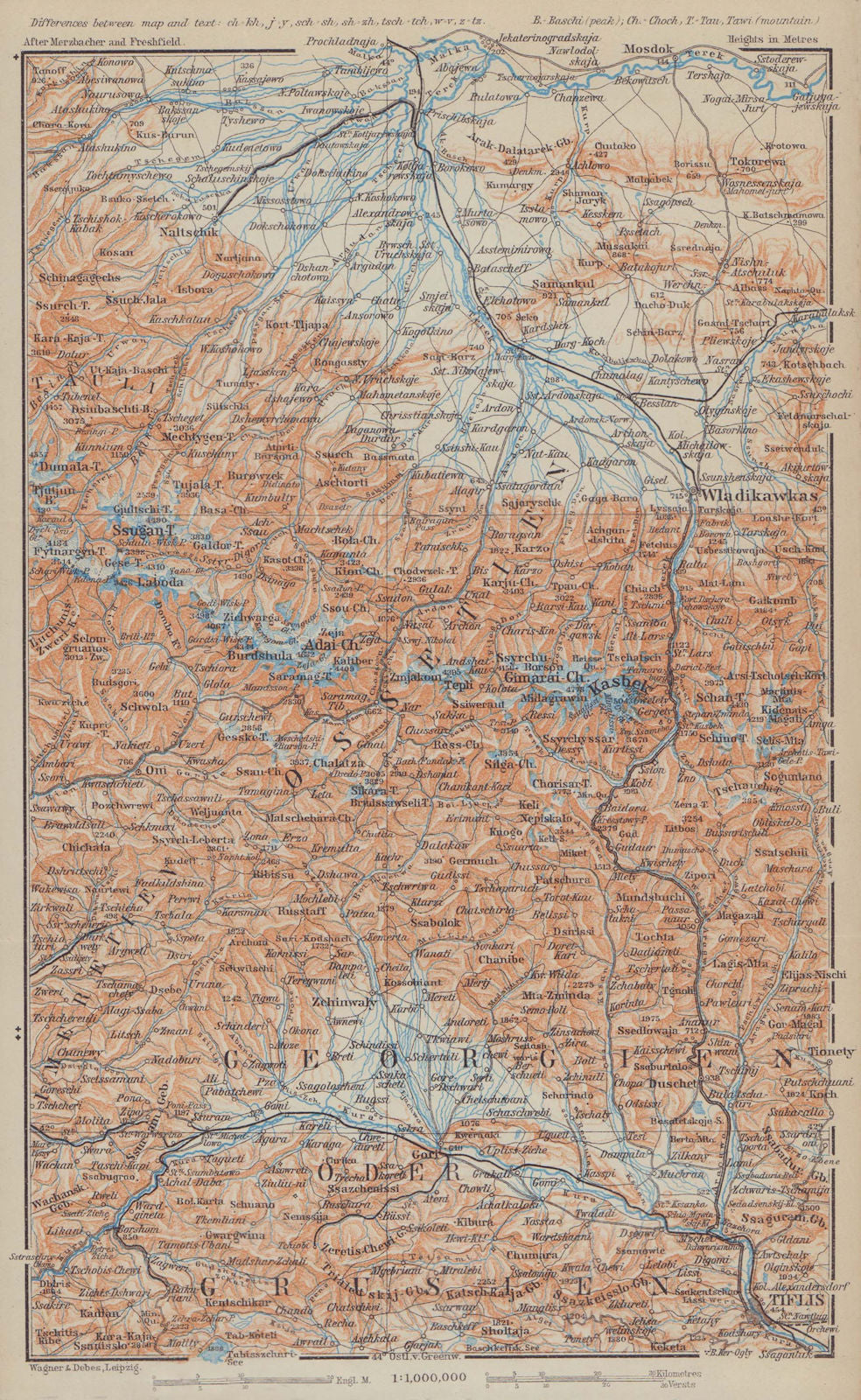 Central Caucasus, eastern part. Ossetia & Georgia. BAEDEKER 1914 old map