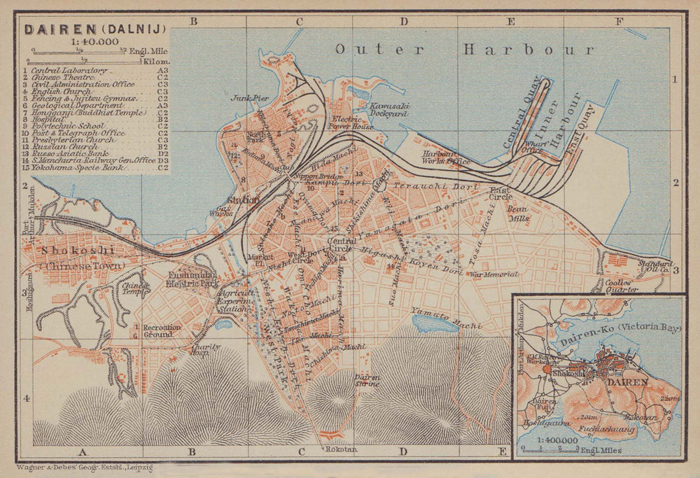 Dalian (Dairen/Dalniy) town/city plan. China. BAEDEKER 1914 old antique map
