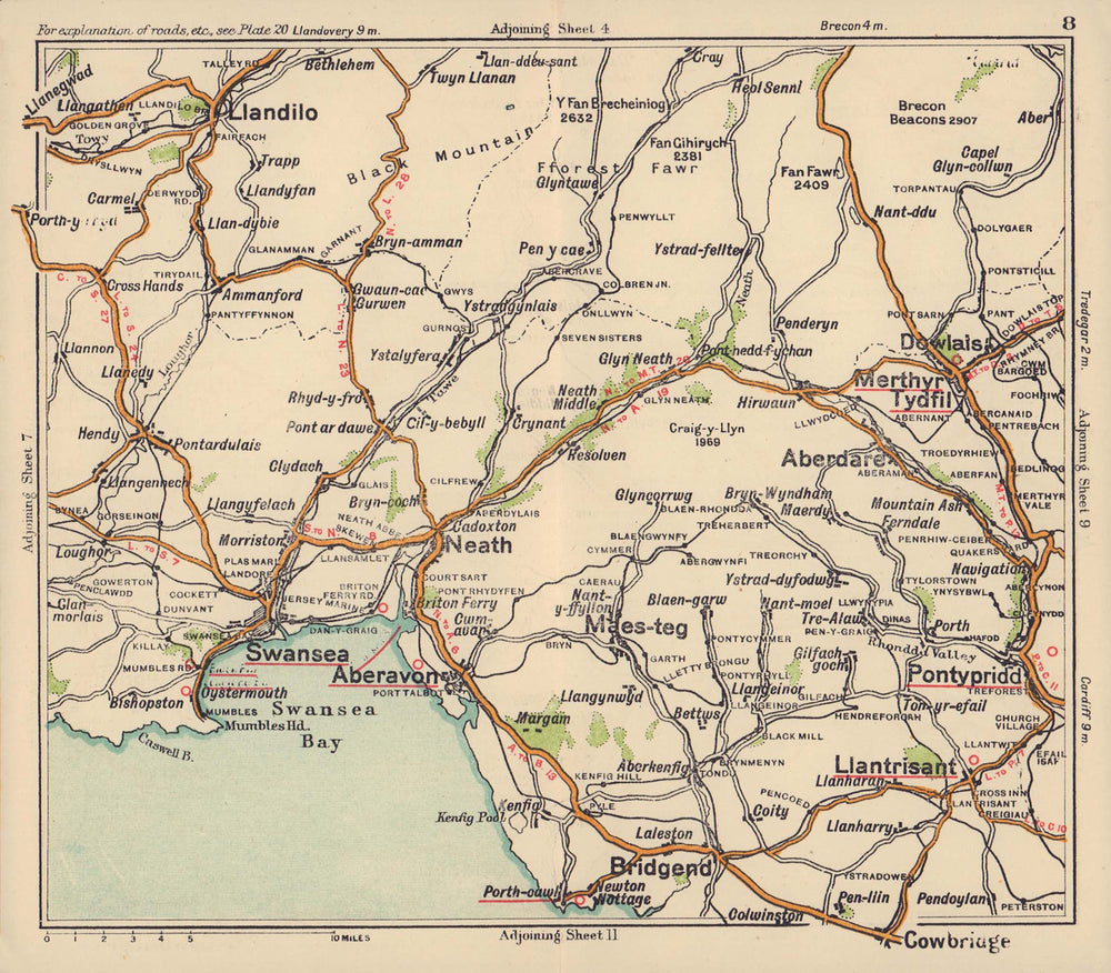 Glamorgan road map. Swansea Merthyr Tydfil Bridgend Neath. BACON c1920 old