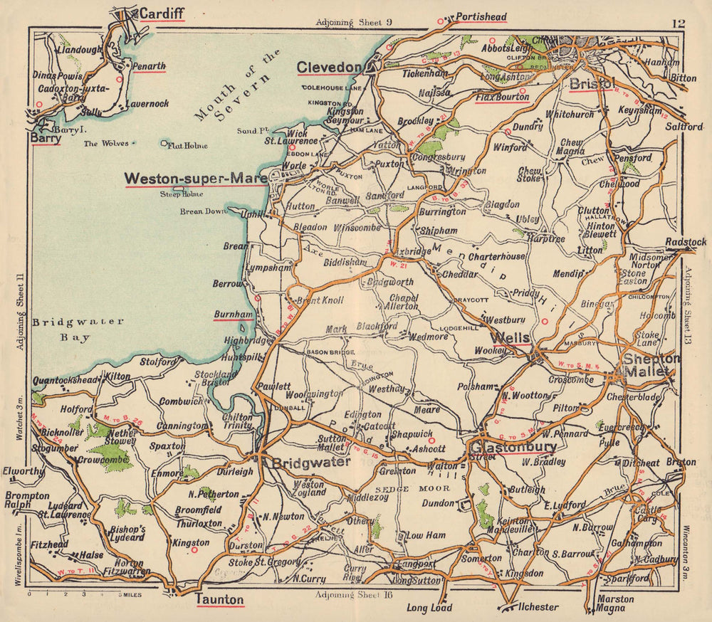 Somerset Levels Mendips Quantocks road map. Glastonbury Bristol. BACON c1920