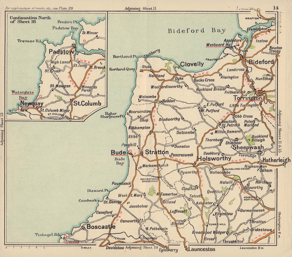 Hartland/North Cornwall road map. Padstow Clovelly Bude Newquay. BACON c1920