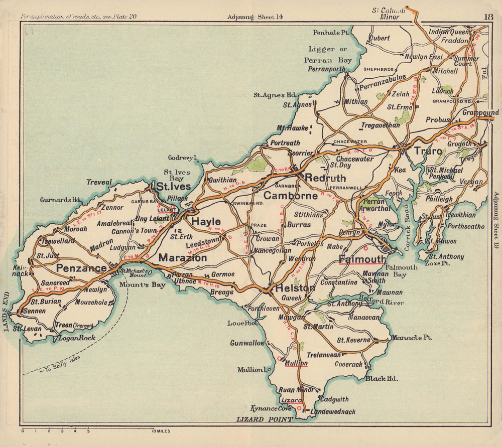 West Cornwall road map. Lizard Penzance Truro St Ives Land's End. BACON c1920