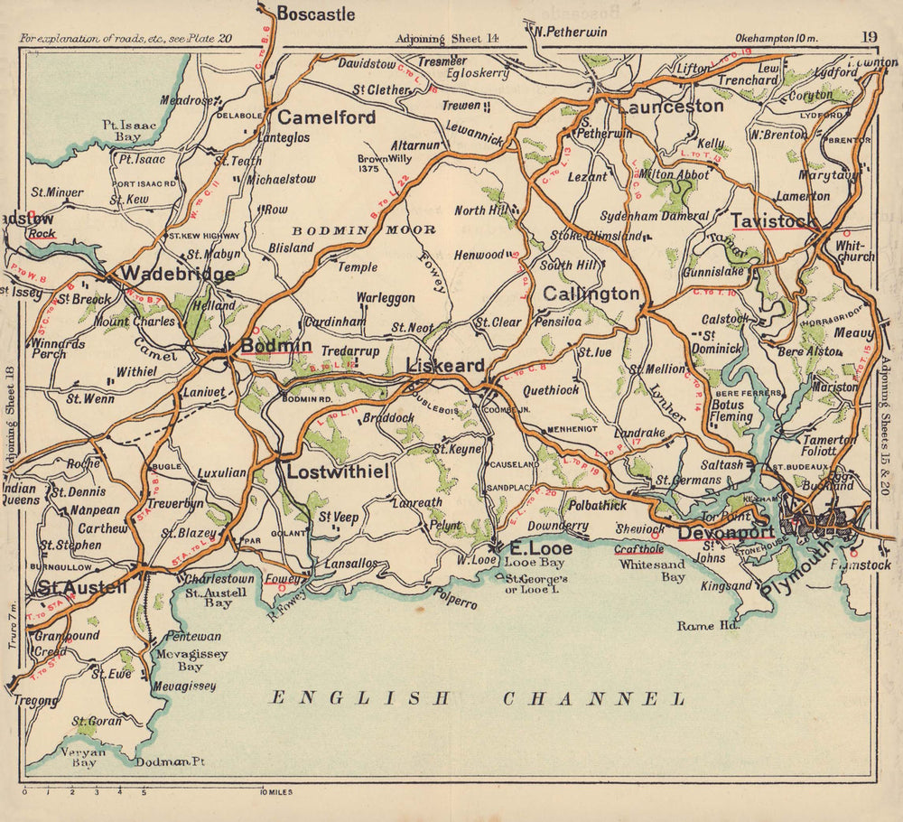 South Cornwall road map. Plymouth St Austell Looe Fowey Bodmin. BACON c1920