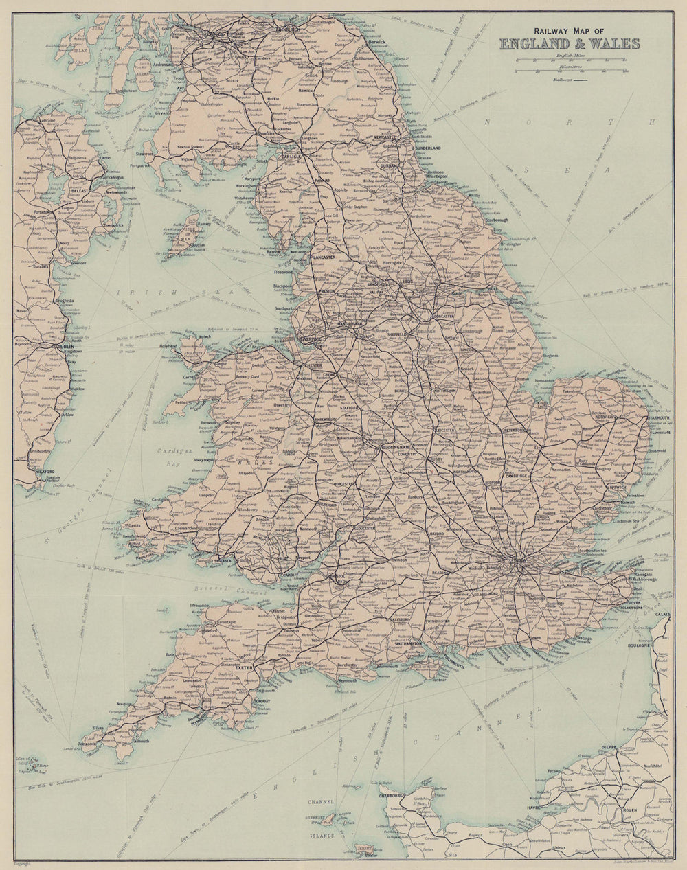 Railway map of England & Wales 1920 old antique vintage plan chart