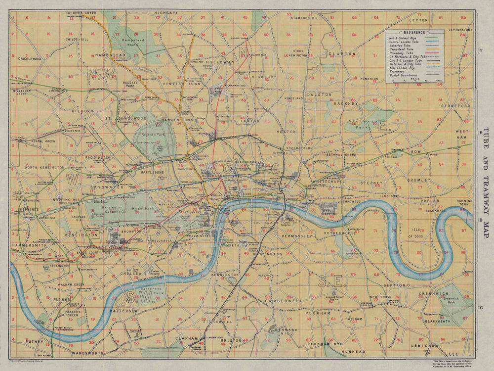 Tube and Tramway map of London. Underground 1920 old antique plan chart