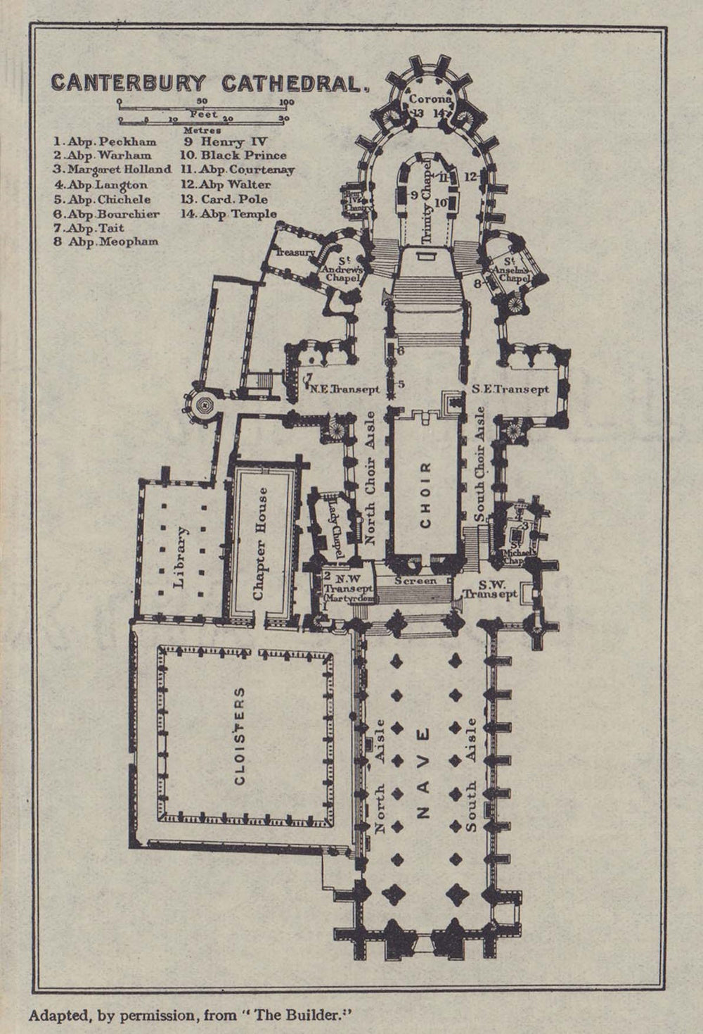 Canterbury Cathedral ground floor plan. Kent 1920 old antique map chart