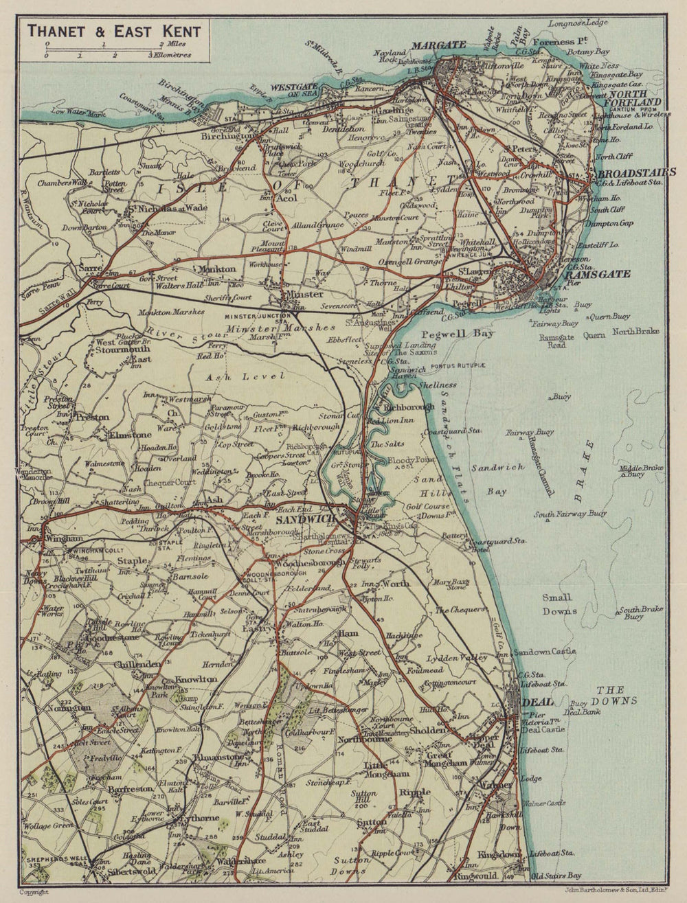 Thanet & East Kent. Margate Deal Ramsgate Broastairs Sandwich 1920 old map