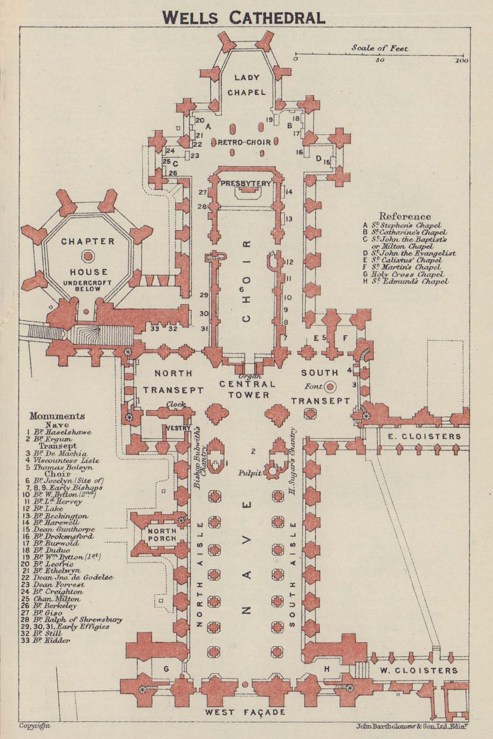 Wells Cathedral ground floor plan. Somerset 1920 old antique map chart