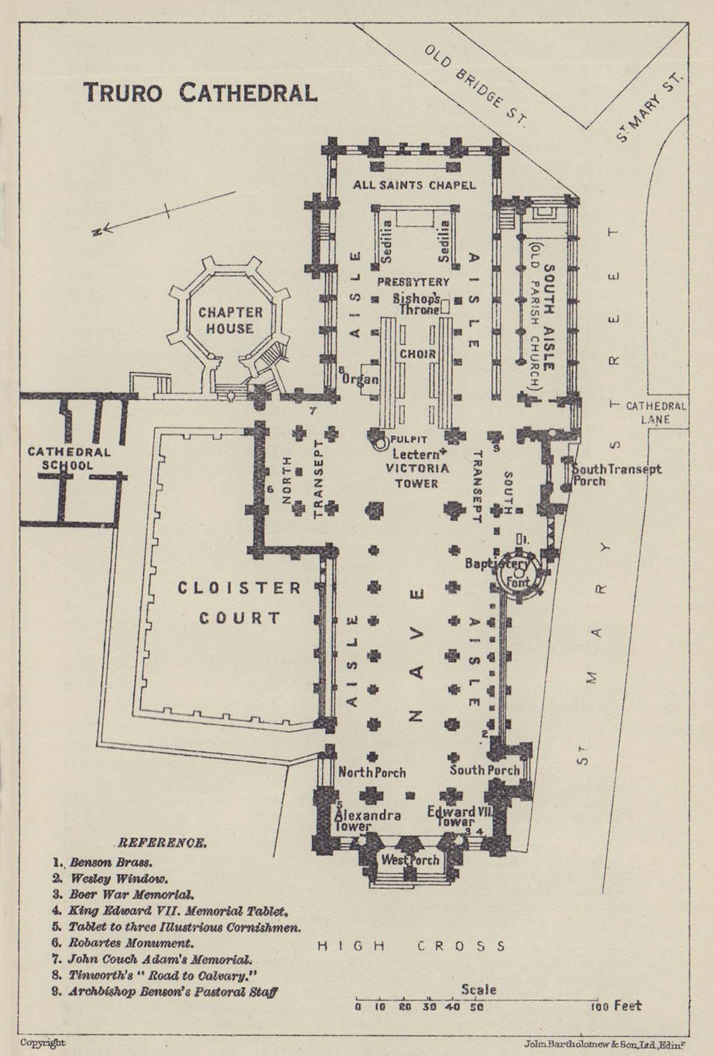 Truro Cathedral ground floor plan. Cornwall 1920 old antique map chart
