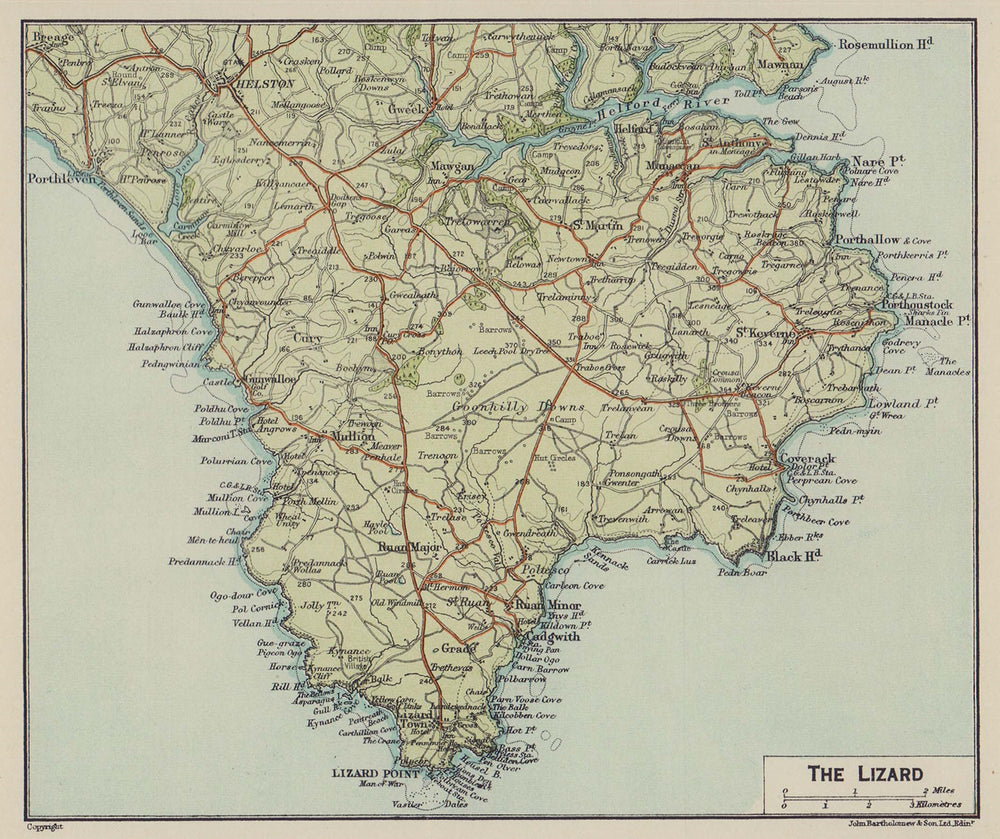 The Lizard. Helford River. Helston. Mullion. Cornwall 1920 old antique map