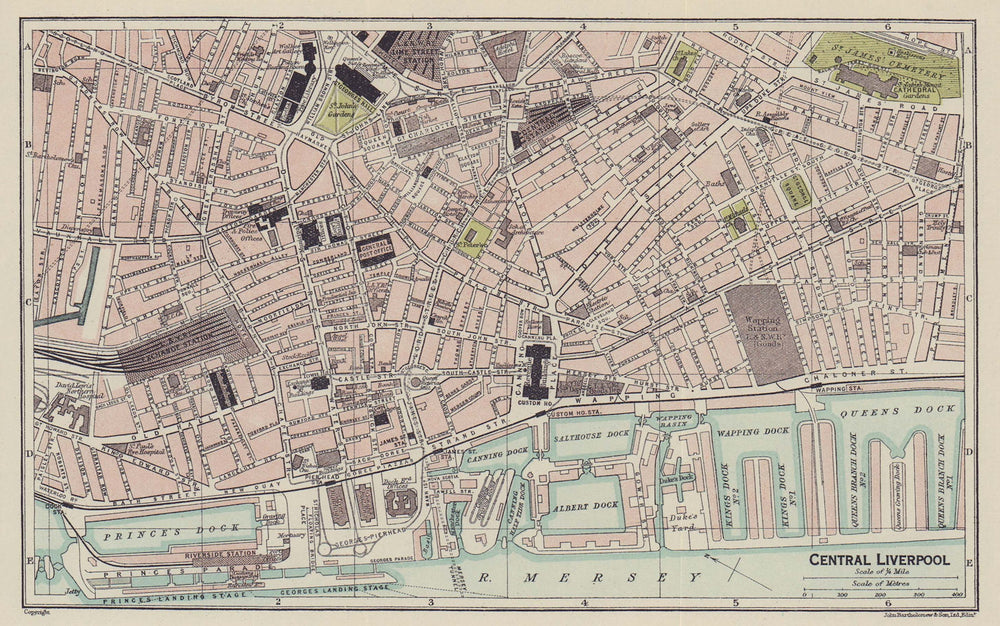 CENTRAL LIVERPOOL town city plan 1920 old antique vintage map chart