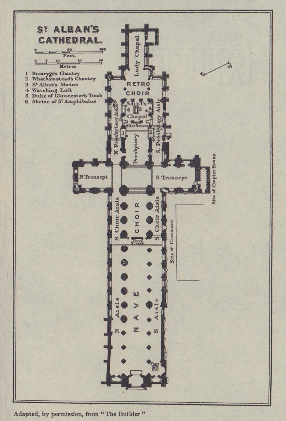 St Alban's Cathedral ground floor plan. Hertfordshire 1920 old antique map