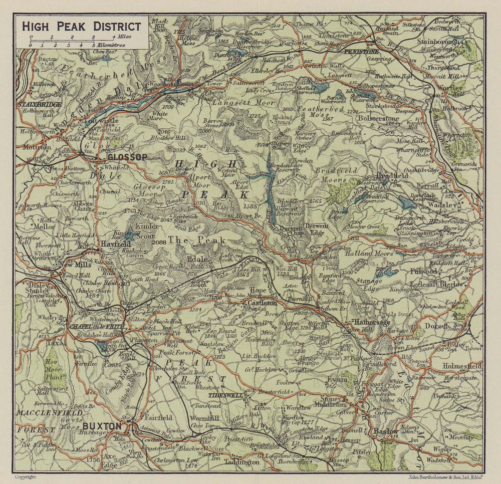 High Peak District. Buxton Glossop Derbyshire 1920 old antique map plan chart