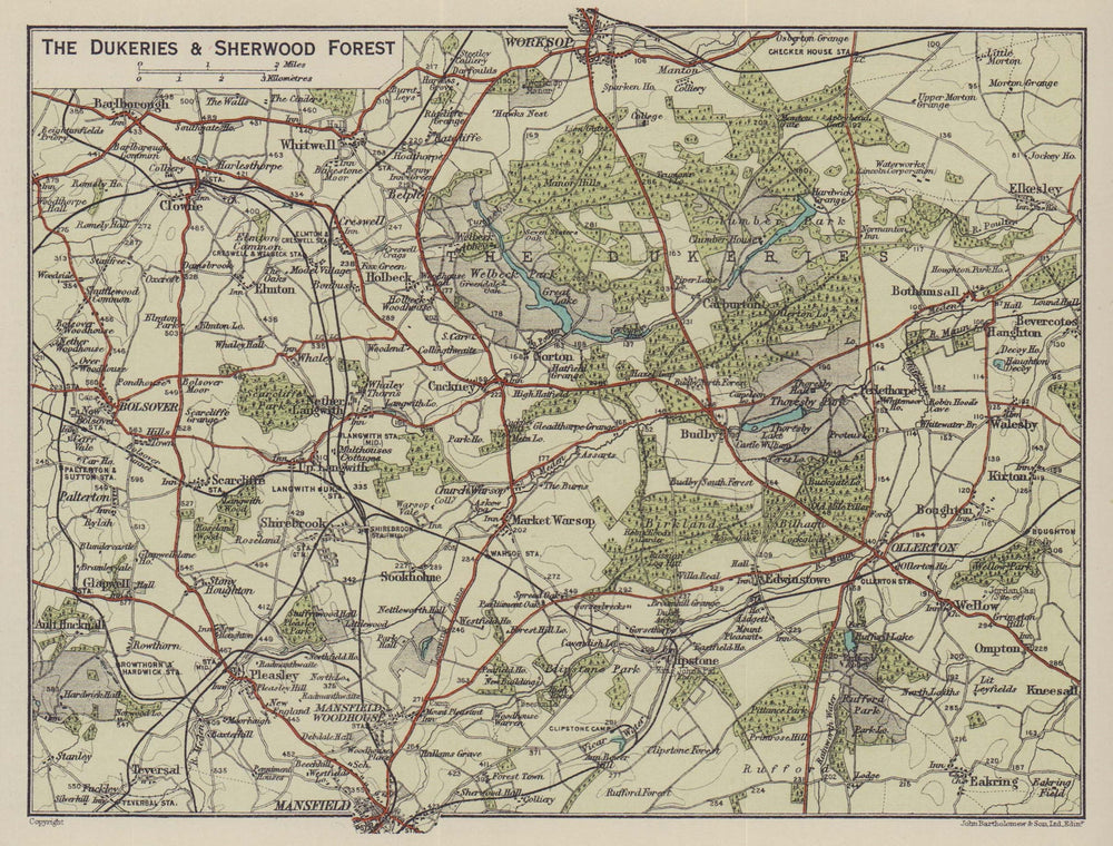 The Dukeries & Sherwood Forest. Mansfield Worksop. Nottinghamshire 1920 map