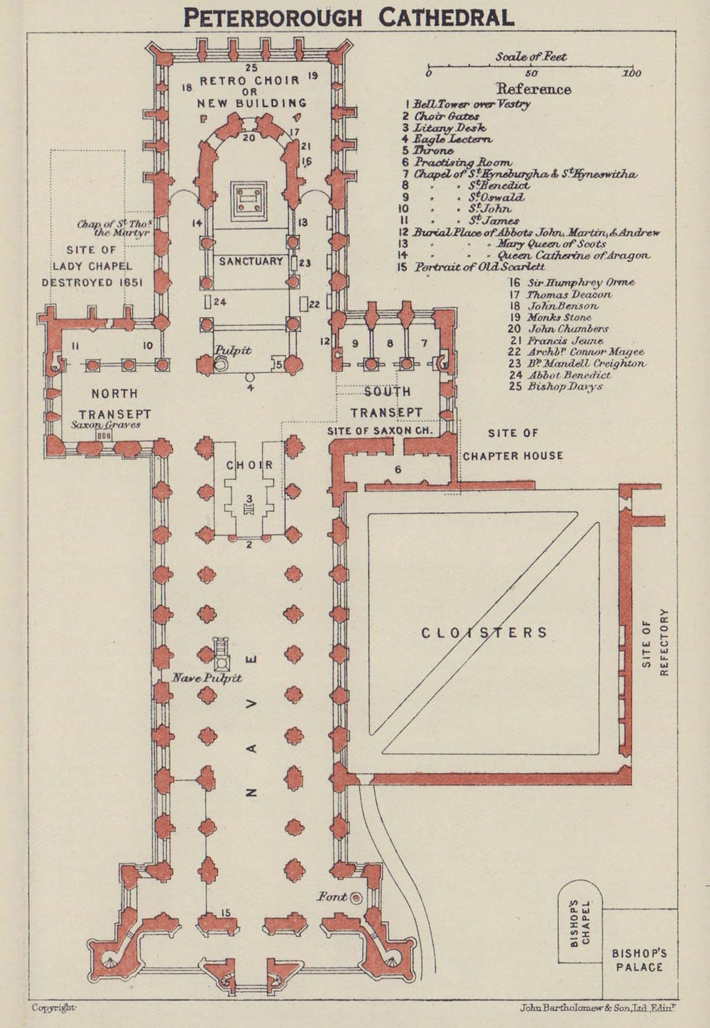 Peterborough Cathedral ground floor plan. Northamptonshire 1920 old map