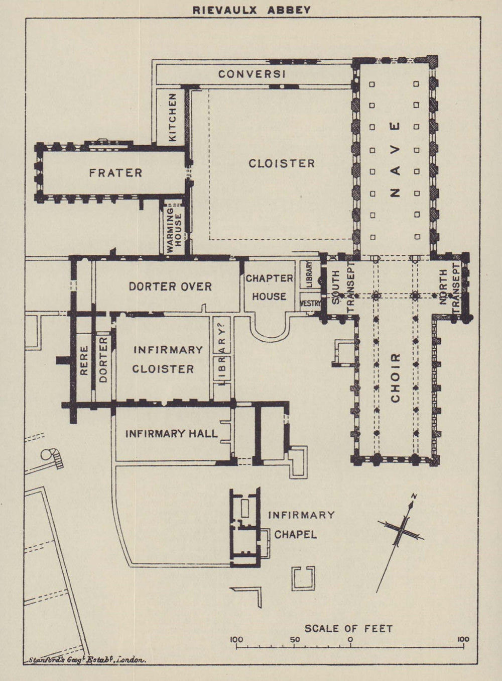 Rievaulx Abbey ground floor plan. Yorkshire 1920 old antique map chart