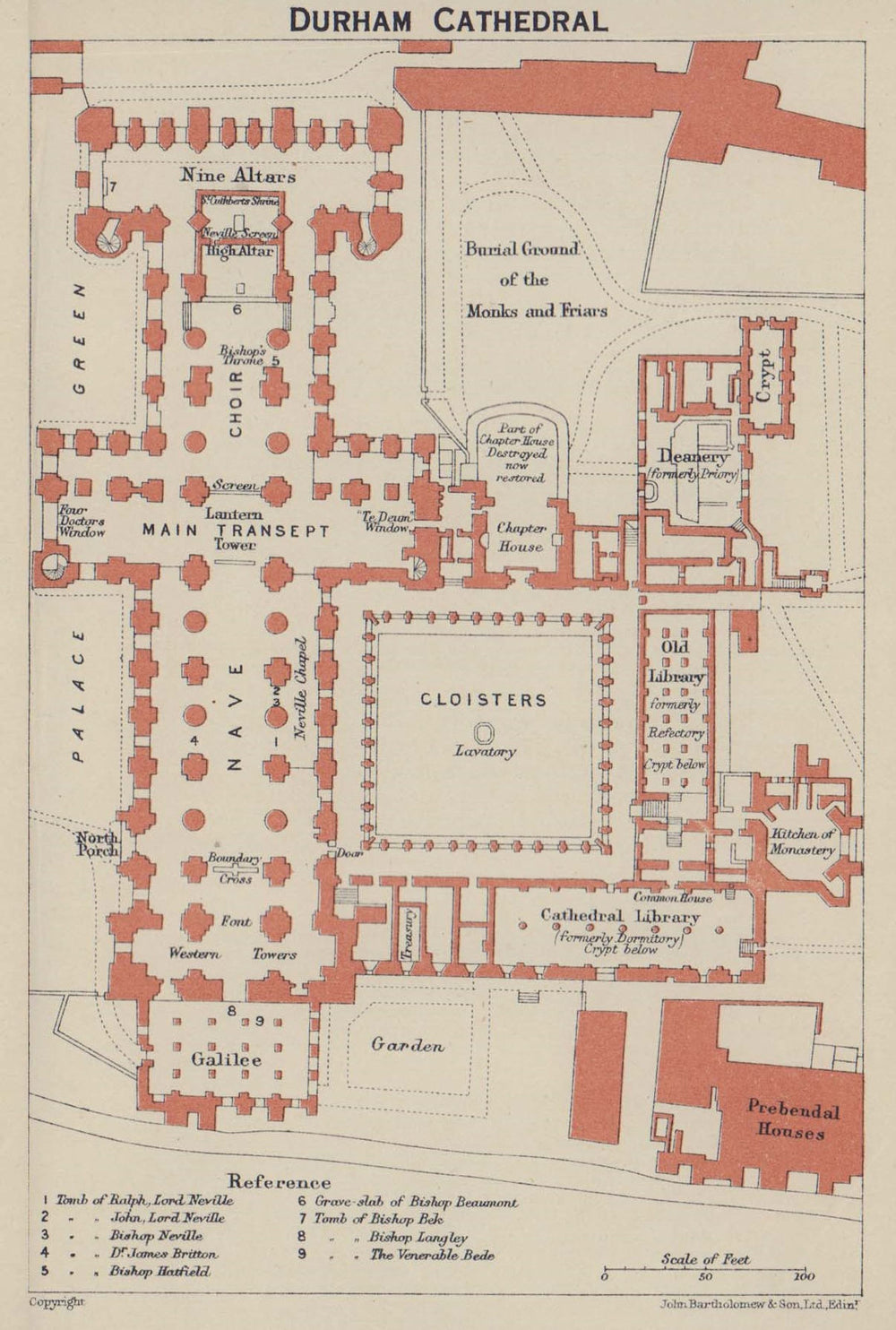 Durham Cathedral ground floor plan. Durham 1920 old antique map chart