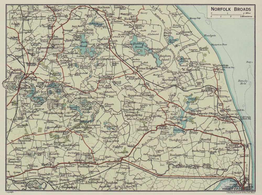 Norfolk Broads. Great Yarmouth Hickling Caister 1920 old antique map chart