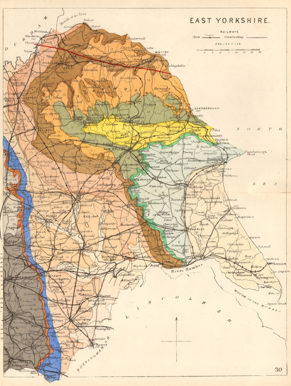 EAST YORKSHIRE antique geological county map by James Reynolds 1864